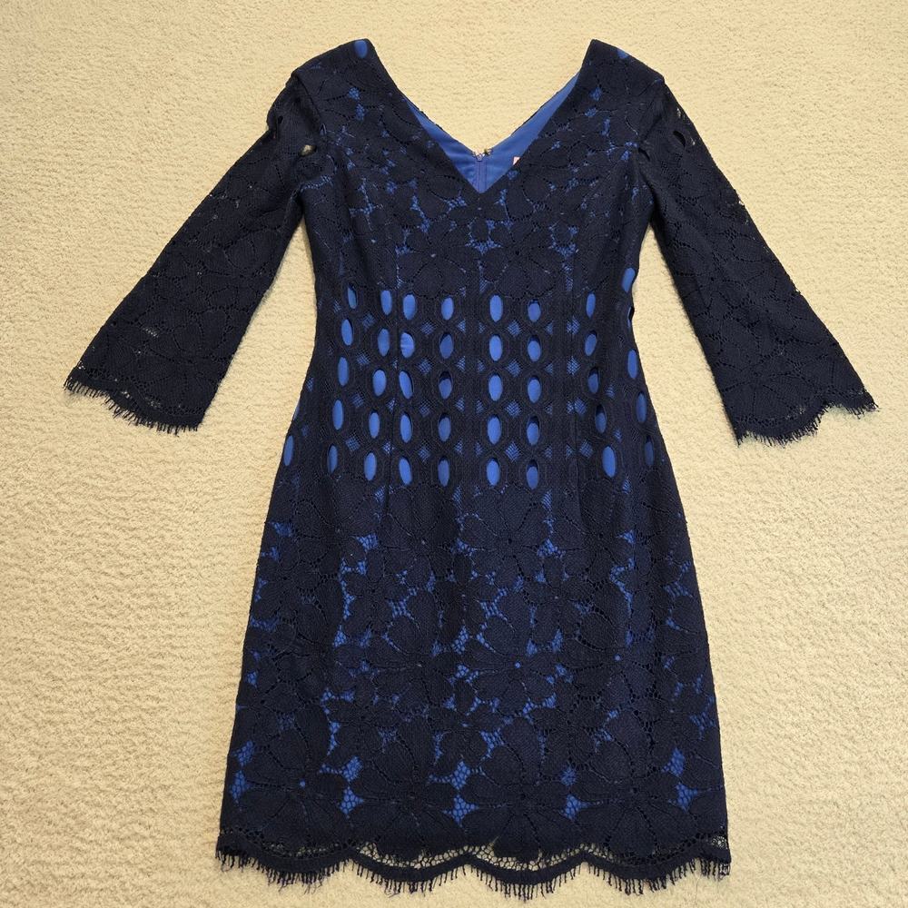 Lilly Pulitzer Macon Whitaker Lace Dress 3/4 Sleeve Navy Blue Size 0